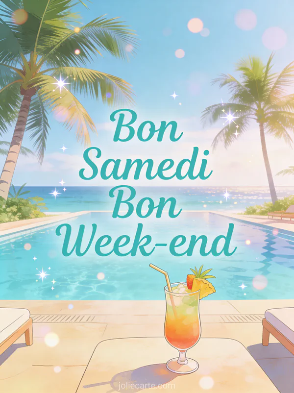Piscine à débordement avec vue sur océan tropical palmiers et cocktail exotique et le texte Bon Samedi Bon Week-end