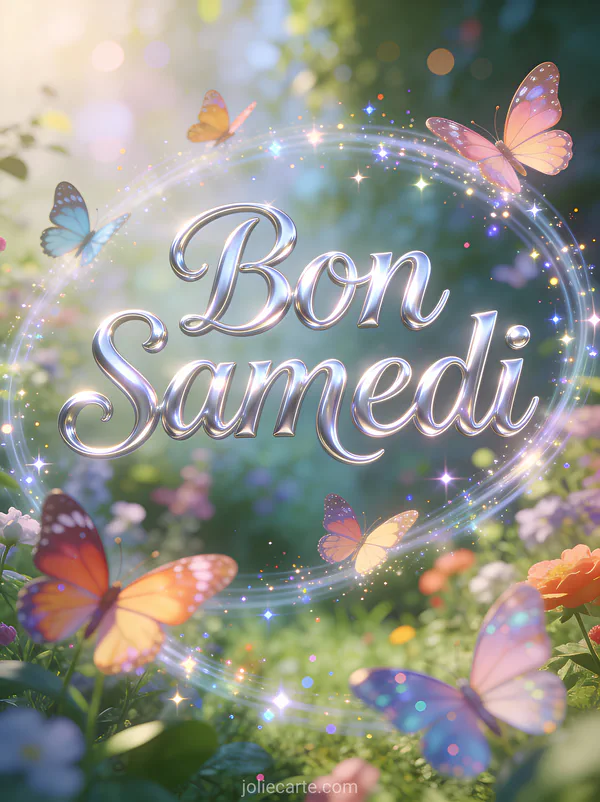 Papillons colorés avec étincelles tourbillonnant dans un jardin enchanté et le texte Bon Samedi