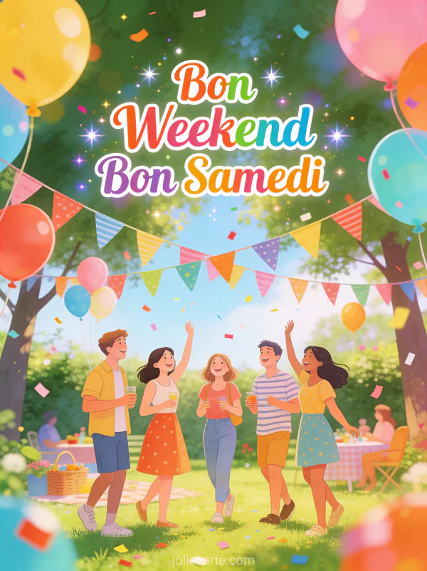 Scène festive avec fanions colorés ballons et confettis dans un jardin et le texte Bon Weekend Bon Samedi