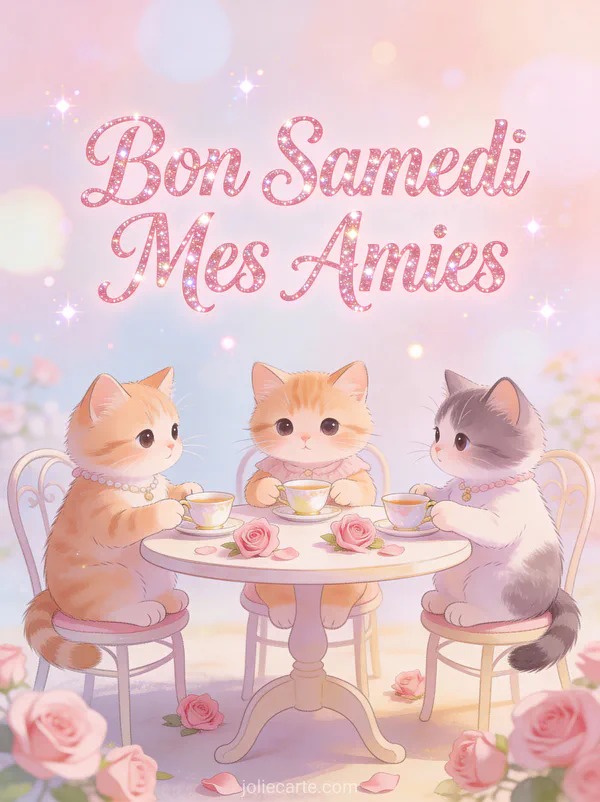 Trois chatons mignons faisant un thé avec petites tasses et roses roses autour et le texte Bon Samedi Mes Amies
