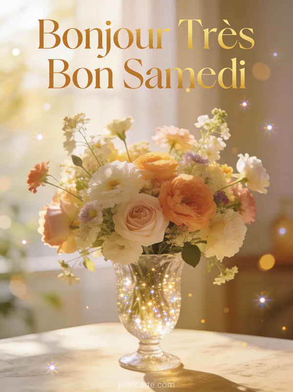 Magnifique bouquet de fleurs variées dans un vase en cristal dans la lumière du matin et le texte Bonjour Très Bon Samedi