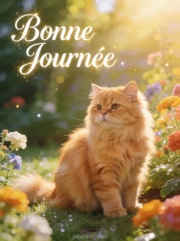 Chat persan roux dans un jardin fleuri au lever du soleil avec rosée du matin