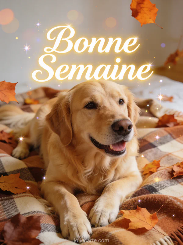 Golden retriever allongé sur une couverture à carreaux avec des feuilles d'automne, image bonne semaine humoristique