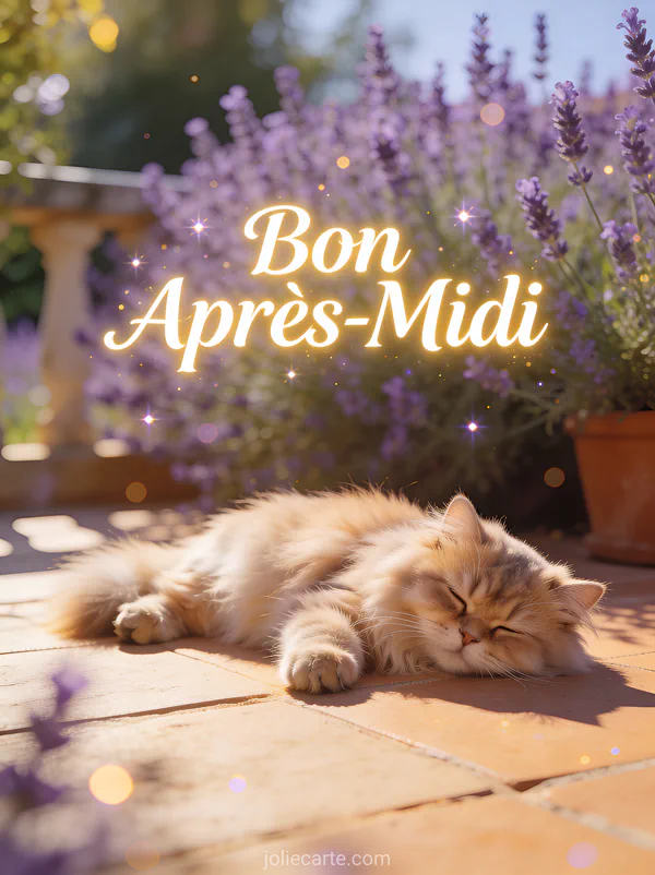 Chat persan se prélassant sur une terrasse ensoleillée avec des lavandes en arrière-plan