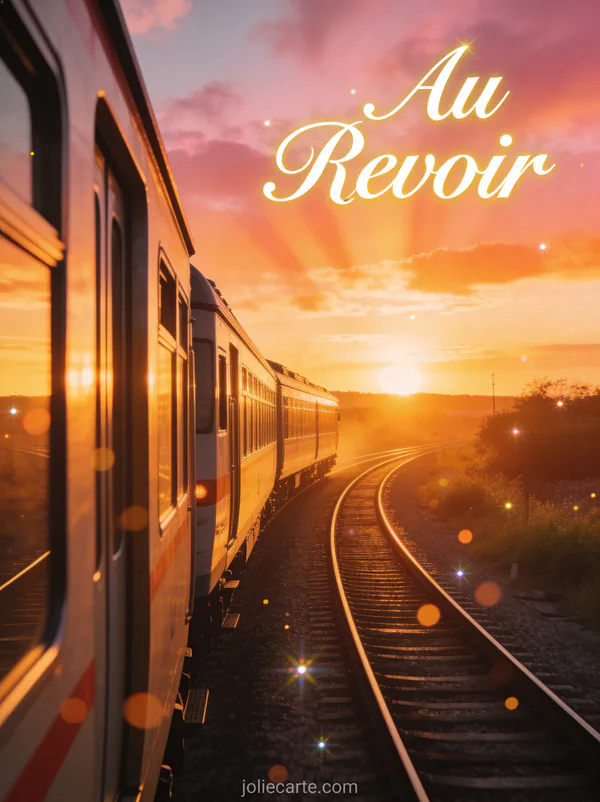 Carte au revoir avec un train partant vers un coucher de soleil doré