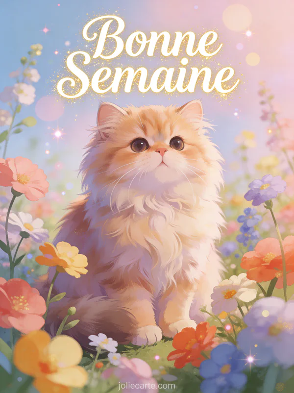 Chat persan entouré de fleurs printanières, illustration pastel bonne semaine