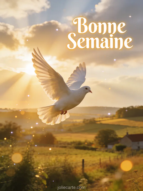 Colombe blanche volant au lever du soleil sur la campagne, image bonne semaine spirituelle