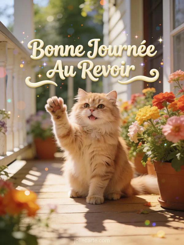 Chat persan qui fait signe de la patte sur un porche ensoleillé avec des fleurs