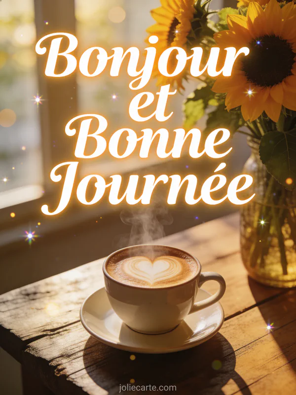 Tasse de café avec latte art en forme de coeur et bouquet de tournesols au soleil du matin