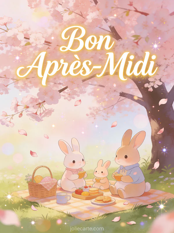 Illustration de lapins pique-niquant sous un cerisier en fleurs