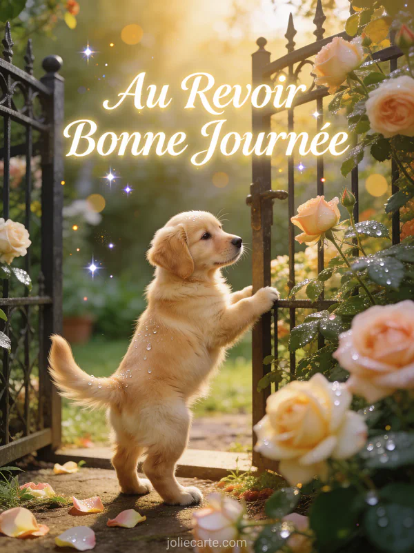 Chiot golden retriever assis près d'un portail de jardin avec des roses
