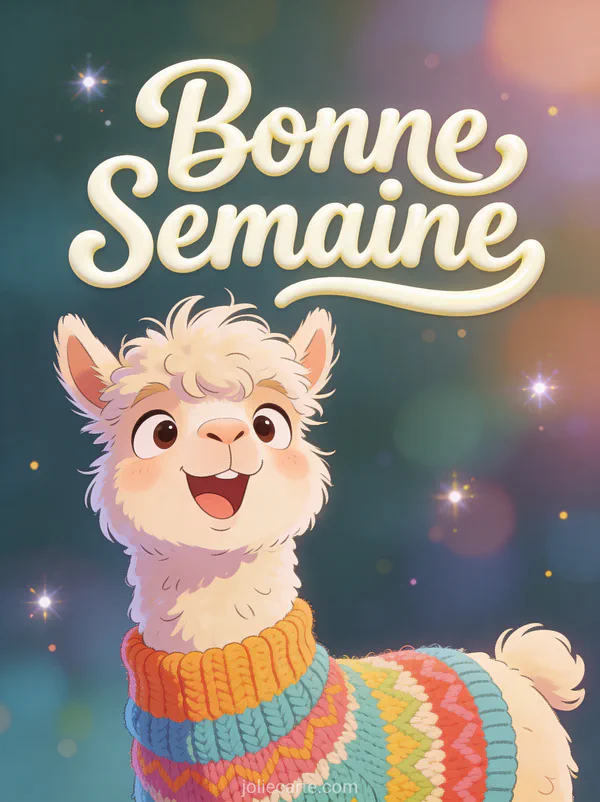 Alpaga drôle avec pull coloré faisant une grimace, illustration cartoon bonne semaine humour