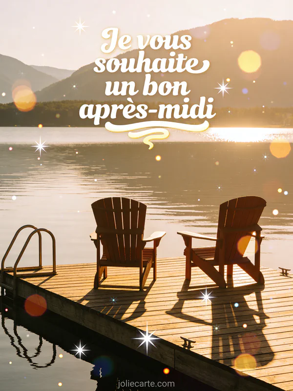 Ponton avec chaises face à un lac calme et des montagnes au coucher du soleil