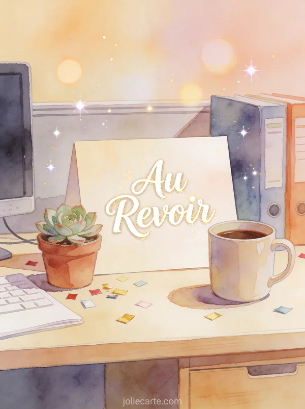 Illustration aquarelle d'un bureau avec une carte d'adieu et des confettis