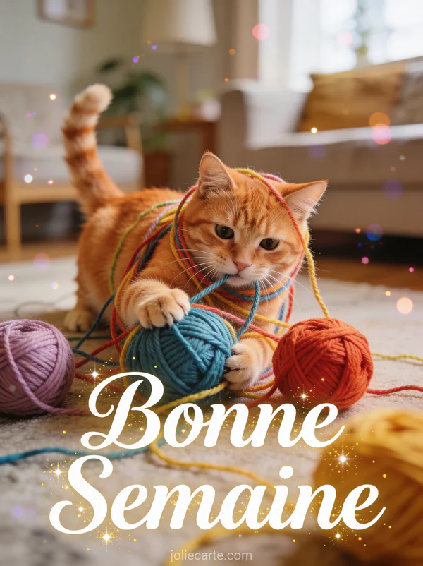 Chat tigré roux emmêlé dans des pelotes de laine colorées, photo bonne semaine humoristique