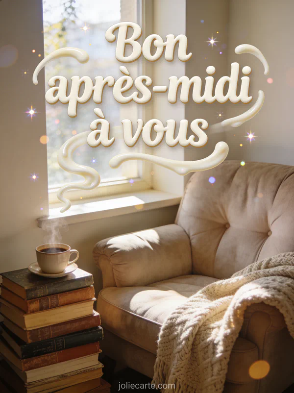 Coin lecture confortable avec fauteuil, livres et café dans une lumière d'après-midi