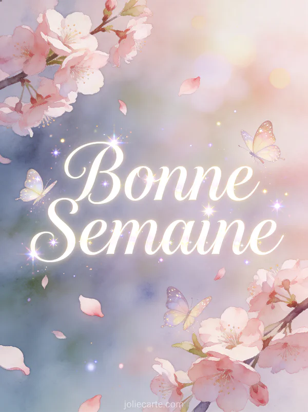 Papillons virevoltant autour de cerisiers en fleurs, illustration aquarelle bonne semaine