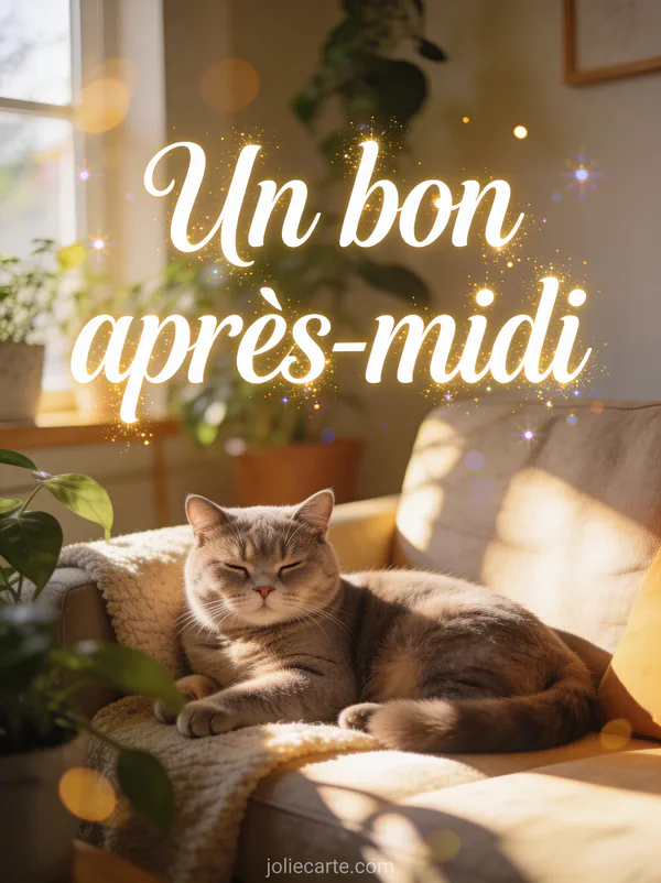Chat British Shorthair se prélassant au soleil sur un canapé avec des plantes