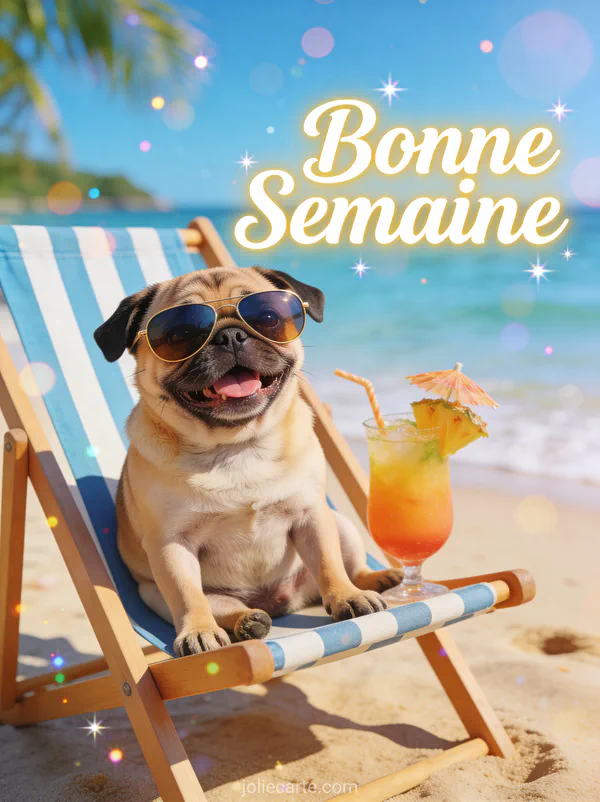 Carlin avec lunettes de soleil sur chaise longue de plage, photo bonne semaine humoristique