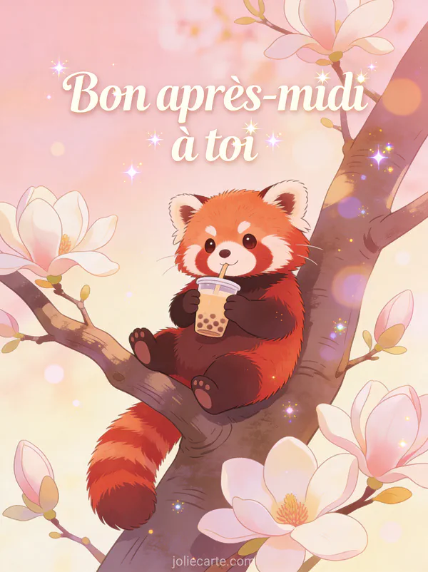 Illustration kawaii d'un panda roux avec un bubble tea sur une branche de magnolia