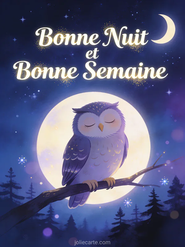 Hibou sur une branche sous la lune et les étoiles, illustration bonne nuit et bonne semaine