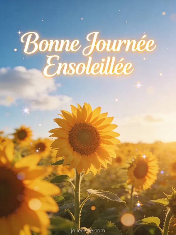 Champ de tournesols dorés au lever du soleil avec ciel bleu et nuages blancs