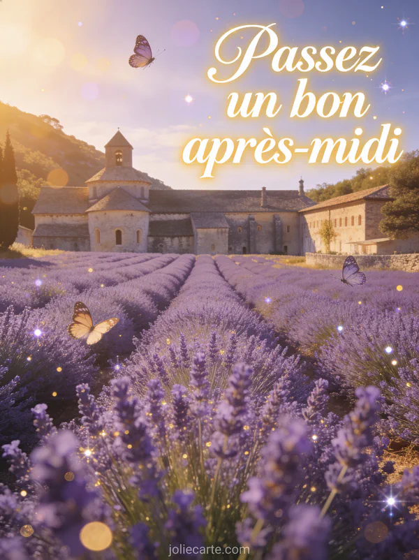 Champ de lavande provençal avec mas en pierre et papillons au soleil