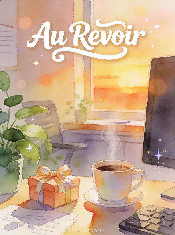 Illustration aquarelle d'un bureau avec un cadeau d'adieu et une tasse de café