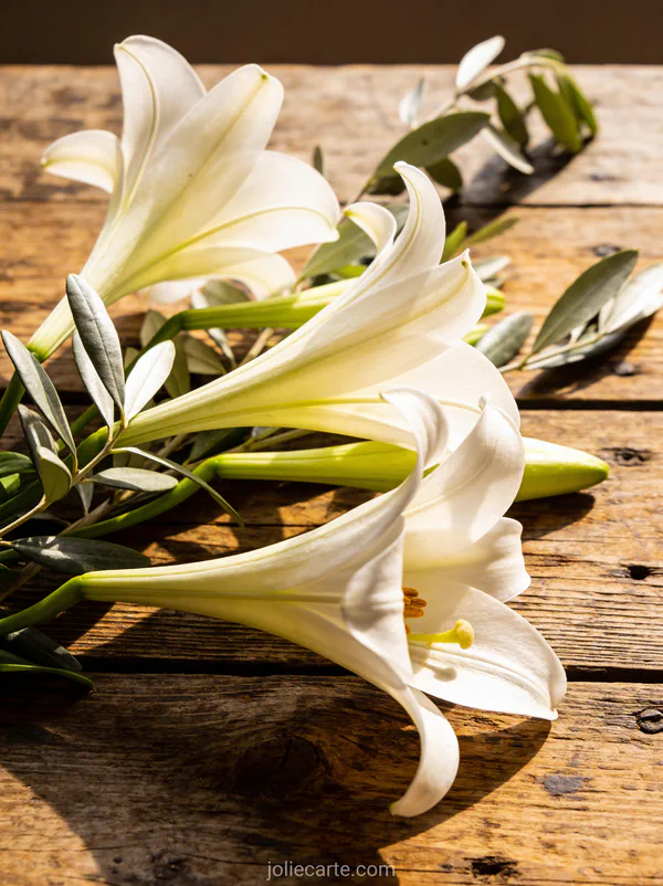 Lys blancs et branches d'olivier sur table en bois ancien, photo bonne semaine sainte