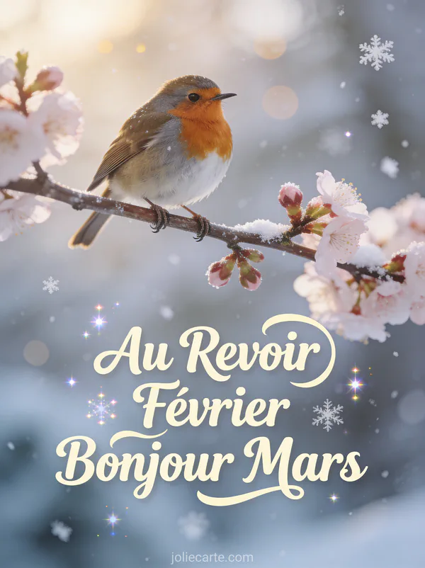 Rouge-gorge sur une branche de cerisier en boutons avec des flocons de neige