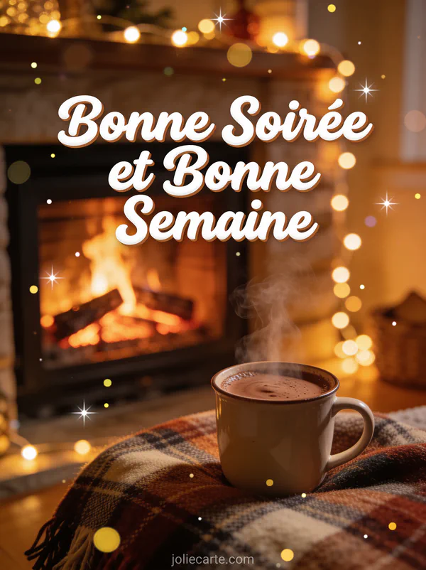 Chocolat chaud devant une cheminée avec guirlandes lumineuses, photo bonne soirée bonne semaine