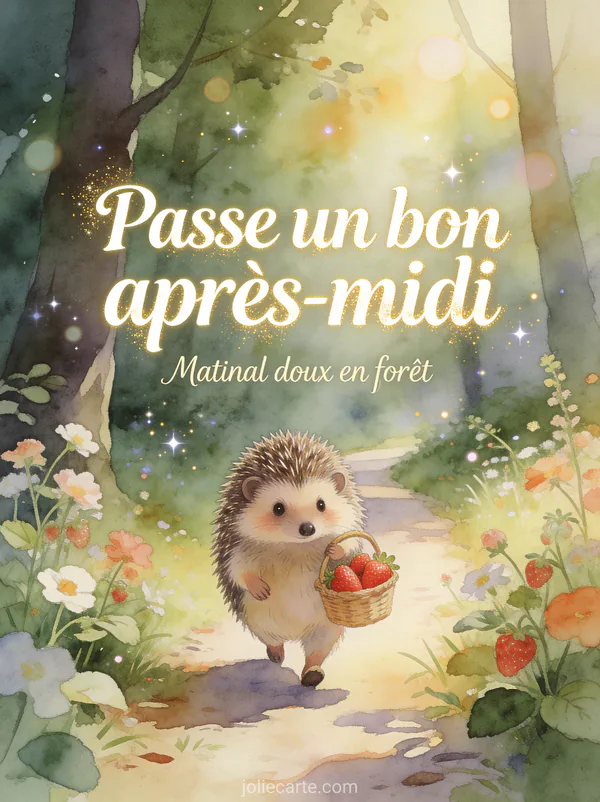 Illustration aquarelle d'un hérisson avec un panier de fraises dans une forêt fleurie