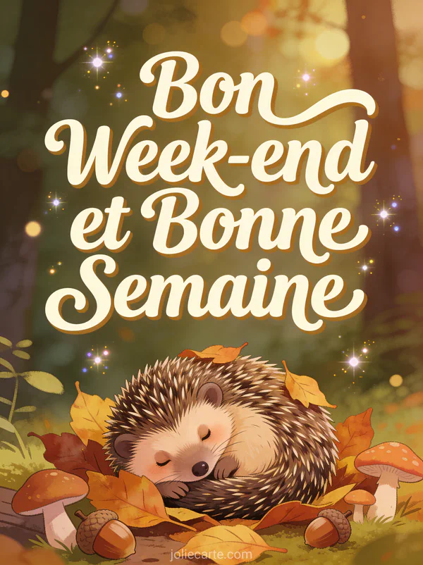Hérisson blotti dans les feuilles d'automne avec glands et champignons, illustration bonne semaine