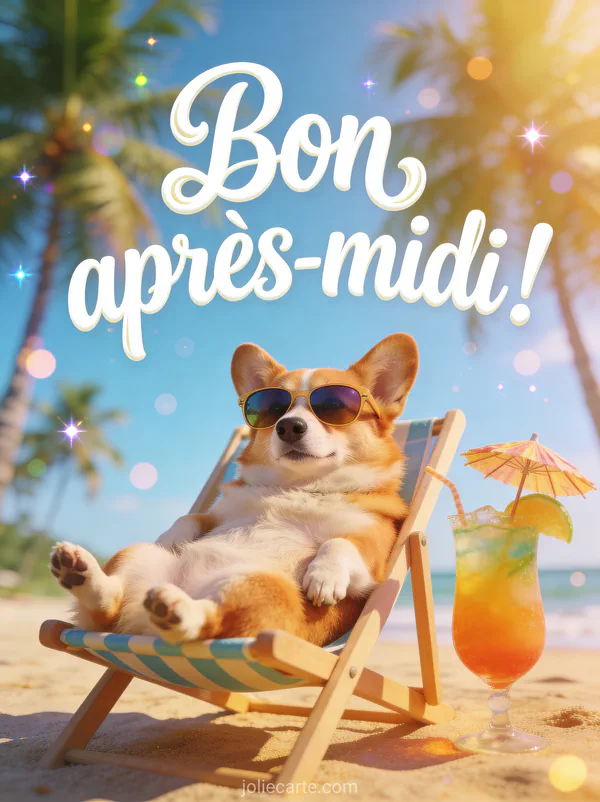 Corgi humoristique avec lunettes de soleil sur une chaise de plage avec cocktail