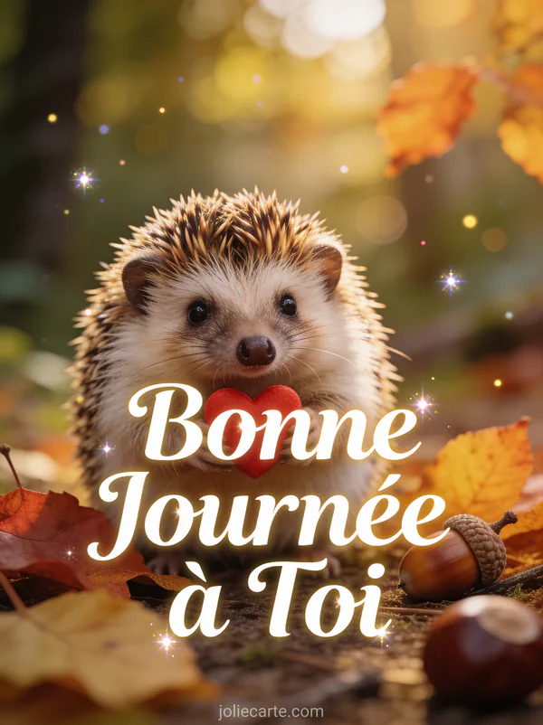 Hérisson mignon tenant un petit coeur rouge entouré de feuilles d'automne et glands