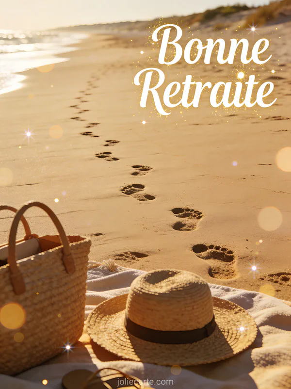 Plage au coucher du soleil avec des empreintes de pas et un chapeau de paille