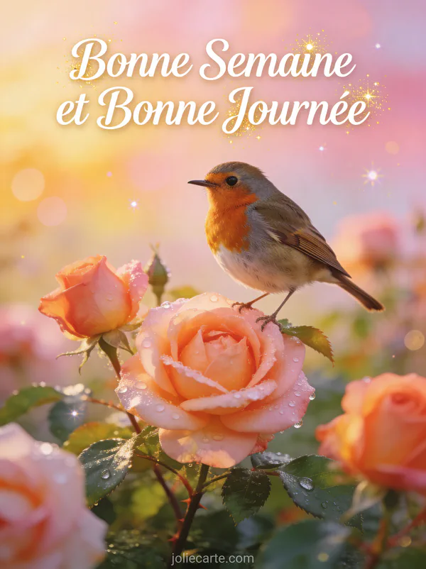 Rouge-gorge sur un rosier en fleurs avec rosée du matin, photo bonne semaine bonne journée