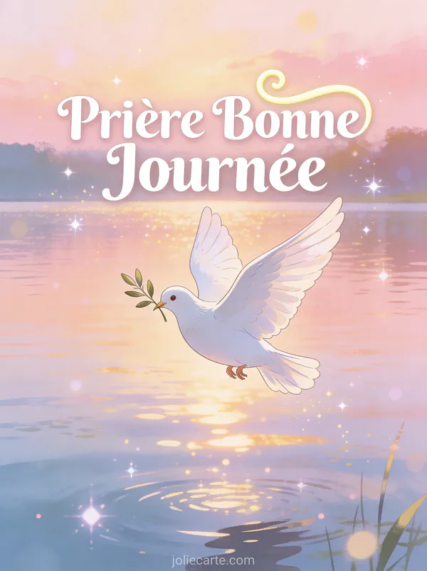 Colombe blanche avec rameau d'olivier volant au-dessus d'un lac au lever du soleil rose et doré