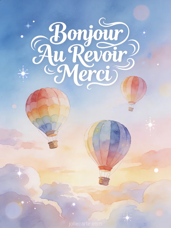 Illustration aquarelle de trois montgolfières colorées dans un ciel pastel à l'aube