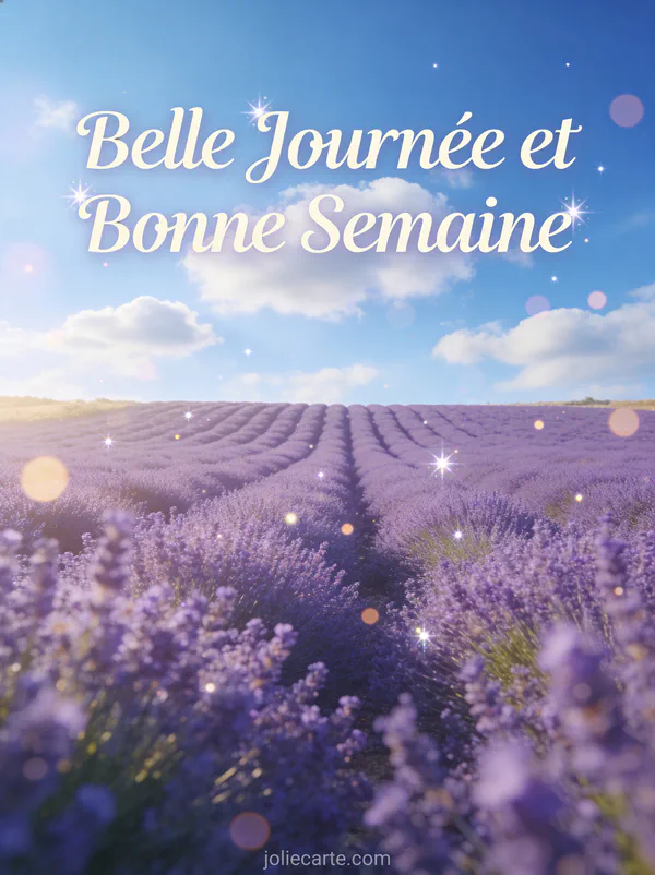 Champ de lavande en Provence sous ciel bleu avec nuages blancs, photo bonne semaine