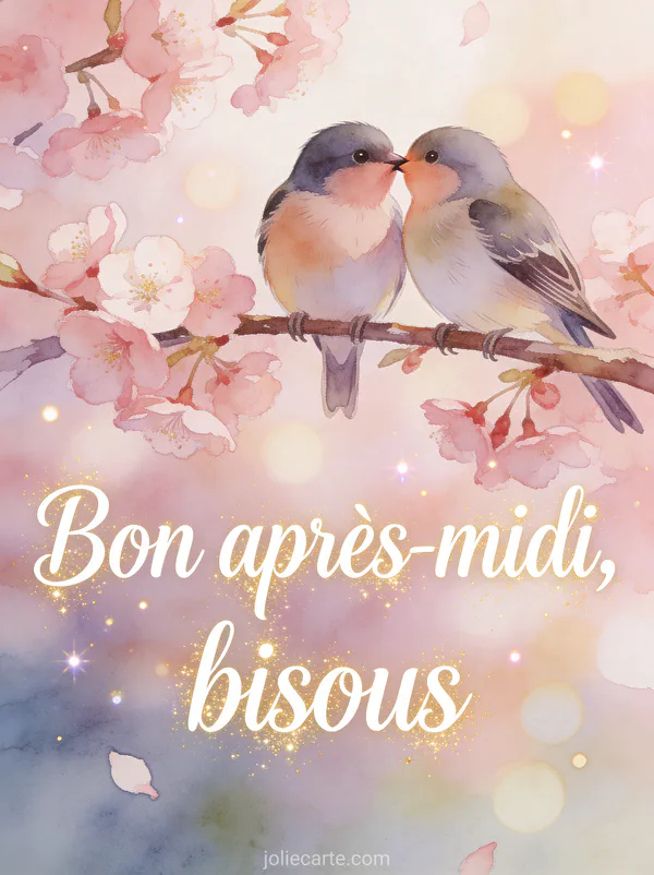 Illustration aquarelle de deux inséparables s'embrassant sur une branche de cerisier