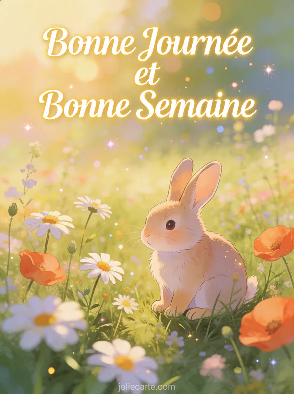 Lapin mignon dans une prairie de fleurs sauvages, illustration bonne journée bonne semaine