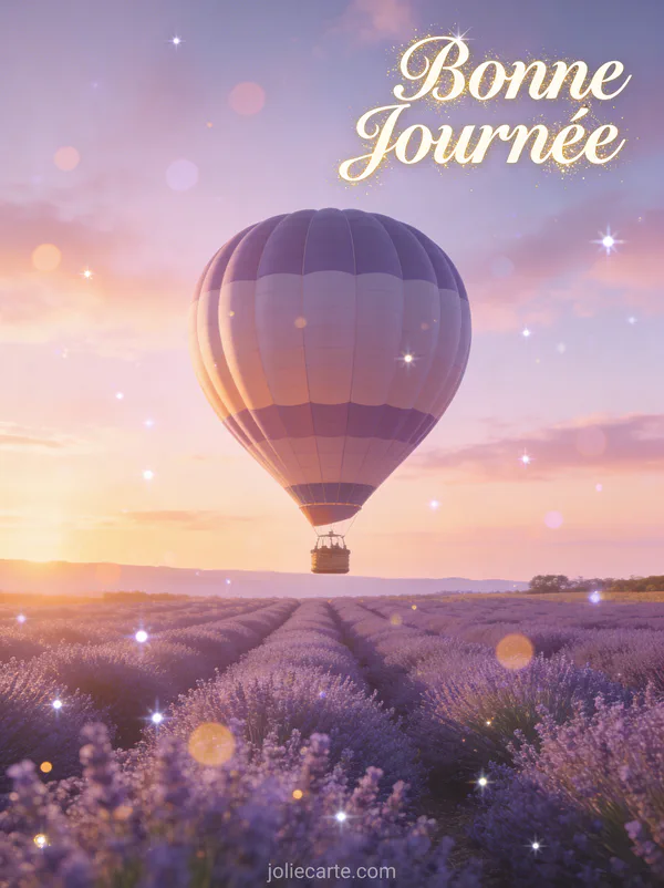 Montgolfière colorée survolant des champs de lavande au lever du soleil avec ciel pastel