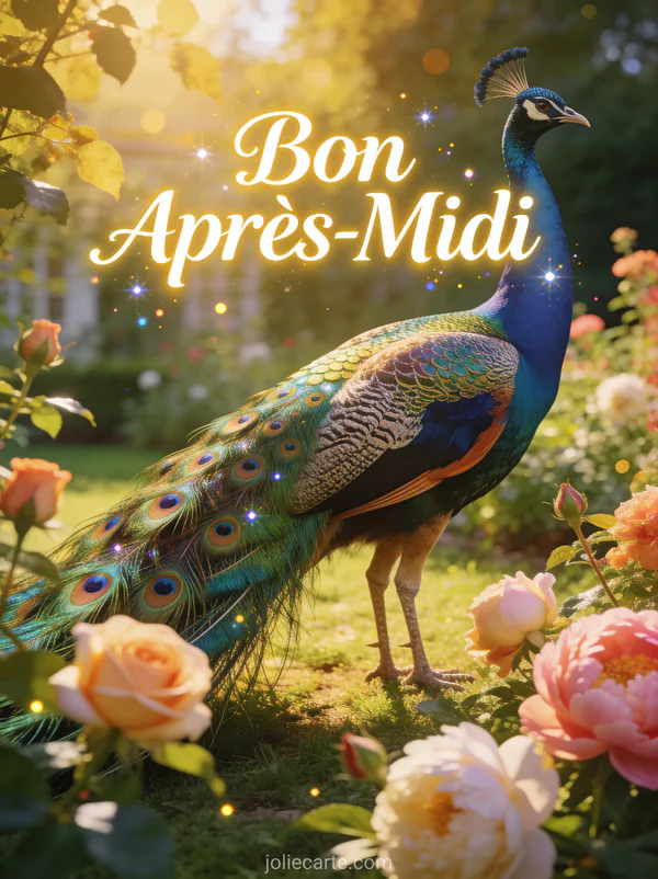 Paon déployant sa roue dans un jardin anglais avec roses et pivoines