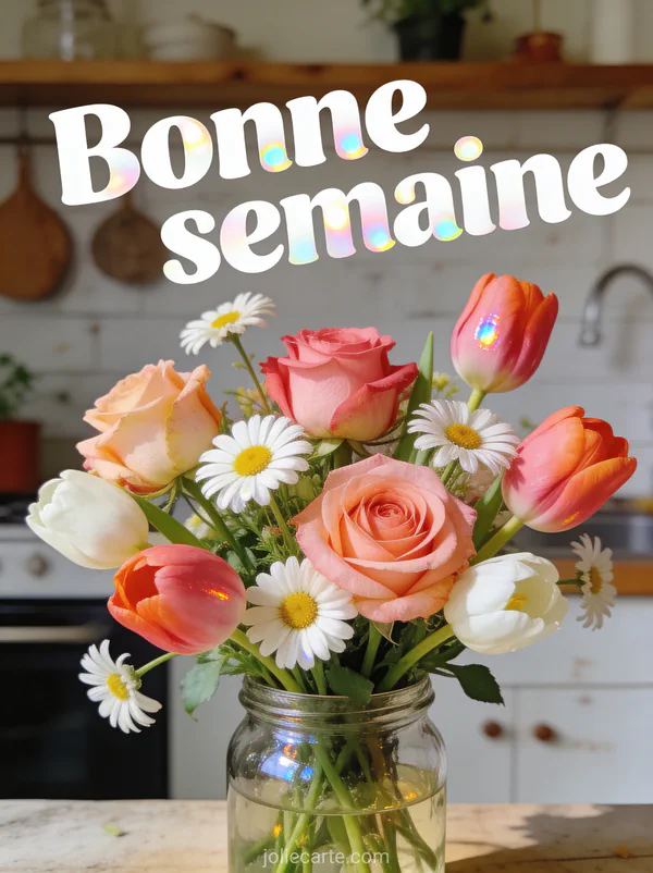 Bouquet de roses tulipes et marguerites dans un bocal en verre, photo bonne semaine bonne journée