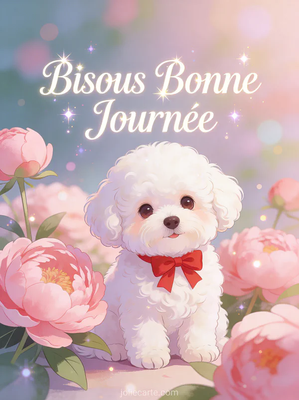 Chiot Bichon Frisé blanc avec noeud rouge parmi les pivoines roses