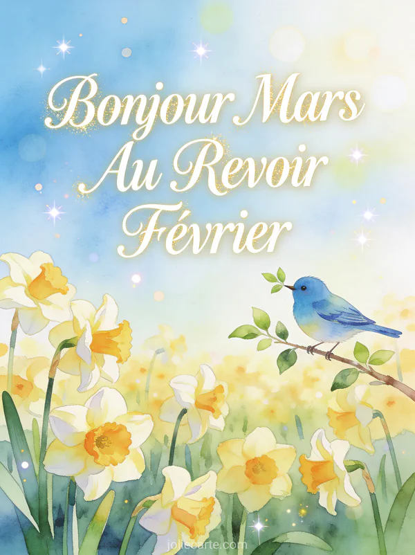 Illustration aquarelle d'un champ de jonquilles avec un oiseau bleu chanteur