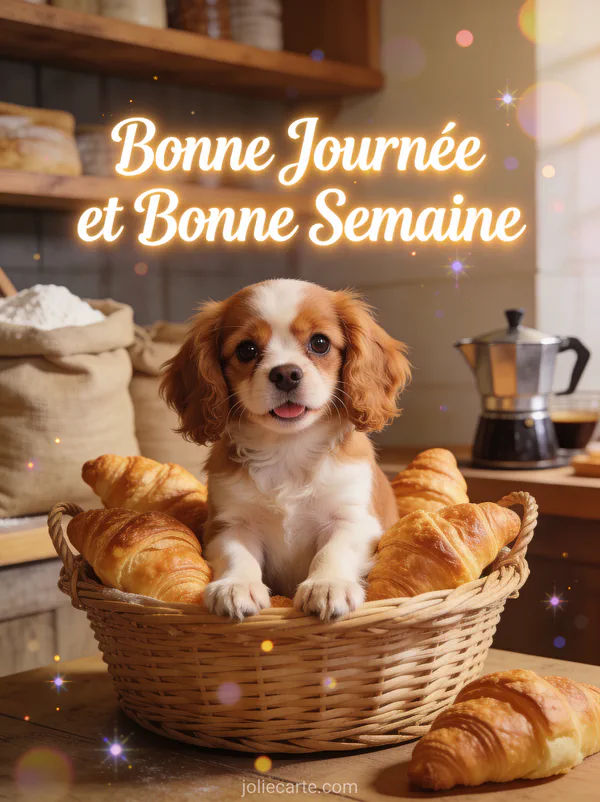 Chiot Cavalier King Charles près de croissants dans une boulangerie, photo bonne journée bonne semaine