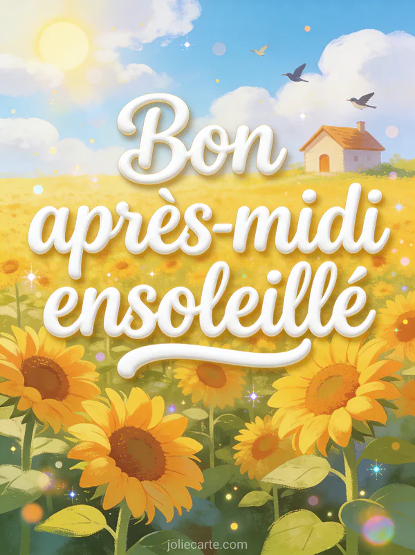 Illustration naïve d'un champ de tournesols avec petite maison sous ciel bleu