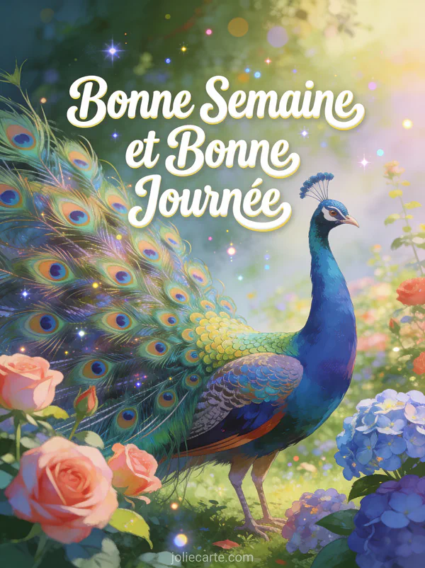 Paon déployant ses plumes dans un jardin de roses et hortensias, illustration bonne semaine